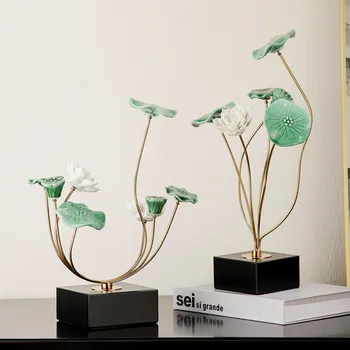 Metalo Rankdarbių Papuošalai Lotus Lapų Modeliavimas Augalų Skulptūros Kinų Keramikos Statula Namų Dekoro Aksesuarai, Augalų Vazonuose