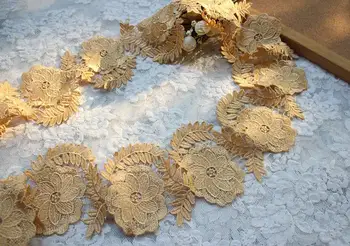 3 Metrų aukščio Pabaigos Aukso Nėrinių Apdaila Tirpsta Vandenyje Aukso Gėlių Nėrinių Audinys, Vestuvių Nuotakos Suknelė Išsiuvinėta 