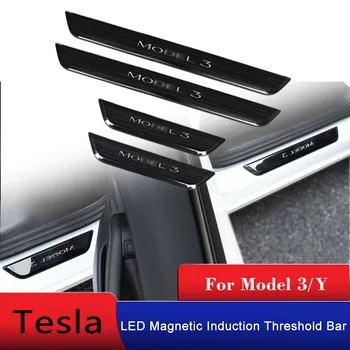 Už Tesla Model 3/Y Logotipą, Automobilių Durų Slenksčio Juosta, LED Šviesos Magnetinė Indukcija Riba Juostelės Dalys 2022 Auto Interjero Priedai