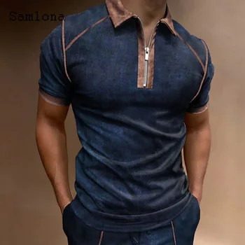 Samlona Plius Dydis Vyrų Atsitiktinis Mados Mens Polo Marškinėliai trumpomis Rankovėmis Pagrindinius 3D Spausdinimo Marškinėliai su Užtrauktuku Iki Viršūnės Lepal Apykaklės Puloveriai