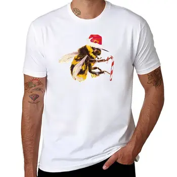 Naujas Mielas Kalėdų Bumble Bee su Skrybėlę ir Candy Cane T-Shirt anime Trumpas rankovės sunkiasvoris t marškinėliai T-shirt vyrai