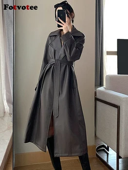 Fotvotee Paltai Moterims Korėjos Mados Diržas Elegantiškas Ilgas Dirbtiniais Odinė Striukė Pavasario 2024 Derliaus Streetwear Lady Drabužiai, Viršutiniai Drabužiai