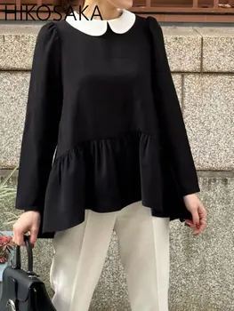 Kontrasto Spalvų Peter Pan Apykaklės Saldus Palaidinė Moterims Raukiniai Kratinys Ilgomis Rankovėmis Laisvi Marškinėliai Japonijos Nauja Blusa Mujer Moda 2024