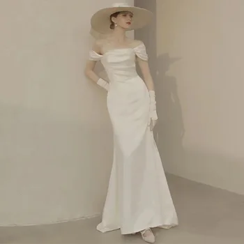 Šviesos Vestuvių Suknelė Nuotakos 2023 Naujas Baltos spalvos Satino Veido, Paprastas ir Elegantiškas Plonas Tinka Mažų Uodega Siunčiamus Šviesos Suknelė