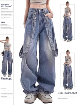 Mėlyna Baggy Jeans Moterų Džinsinio Audinio Kelnės Y2k Nėrinių Plisuotos Kišenės High Waisted Streetwear Džinsai Pločio Kojų Mados Tiesiai Mop Kelnės