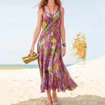 U Kaklo Retro Spausdinti Boho Maxi Suknelės Moterims Vasaros Atsitiktinis Rankovių Bohemijos Moterų Suknelė Vestidos Beach Vacation Drabužiai