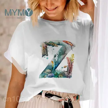 26 Slphabet Koralų Modelis T-Shirt Plius Dydis Mergina Drabužių Trumpomis Rankovėmis Atsitiktinis Baltos Apvalios Kaklo Moterų Vasaros Viršūnes Grafinis Marškinėliai