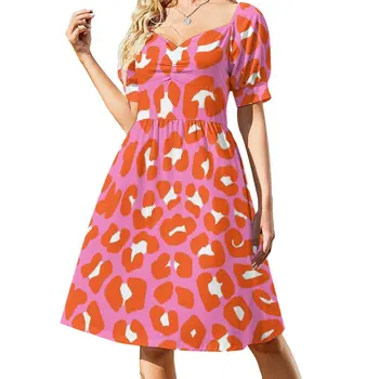 Rožinė ir Oranžinė Leopardų Dėmės Spausdinti Modelio Berankovis Suknelė ilgomis rankovėmis suknelė moteriškos aprangos kokteilis suknelės