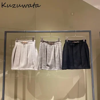 Kuzuwata Kietas Elegantiškas Ruched Sweet Moterų Sijonai Aukšto Juosmens Temperamentas Slim Fit Mujer Faldas Japonijos Mados Visas rungtynes, Faldas
