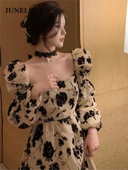 Pavasario Derliaus Gėlių Suknelė Moterims, Elegantiškas Spausdinti Šalis Midi Suknelė Moterų Atsitiktinis Korėjos Mados Hepburn Retro Stiliaus Suknelė 2023