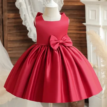 Vaikai Raudona Inscenizacija Oficialų Suknelė Vaikų Mergaičių Rankovių Bowknot Swing Midi Suknelė Bamblys Kūdikio Gimtadienio Vakarėlio Princesė Suknelė Suknelė