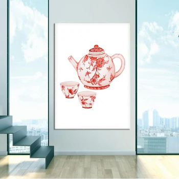 Akvarelė arbatinukas marginimo meno, plakato, raudona ir balta spausdinimo Kinų stiliaus raudona ir balta spausdinimo raudona porceliano spausdinimo raudonoji arbata